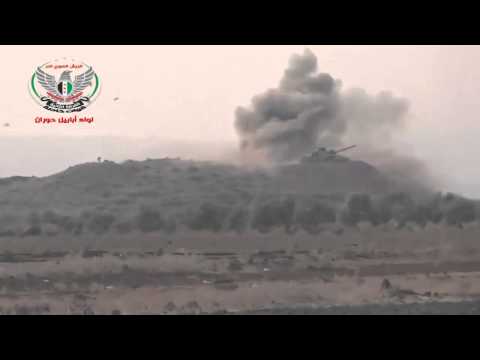 استهداف دبابة لقوات النظام بصاروخ السهم الأحمر على طريق اللواء 112 في ريف درعا من قبل لواء أبابيل حوران بالاشتراك مع لواء جيدور حوران