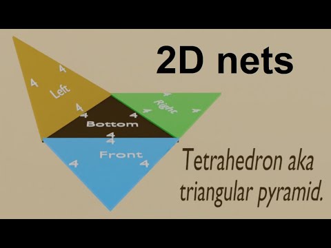 Triangular pyramid tetrahedron 2D net folded to a 3D object, for 5th grade math, computer animation.