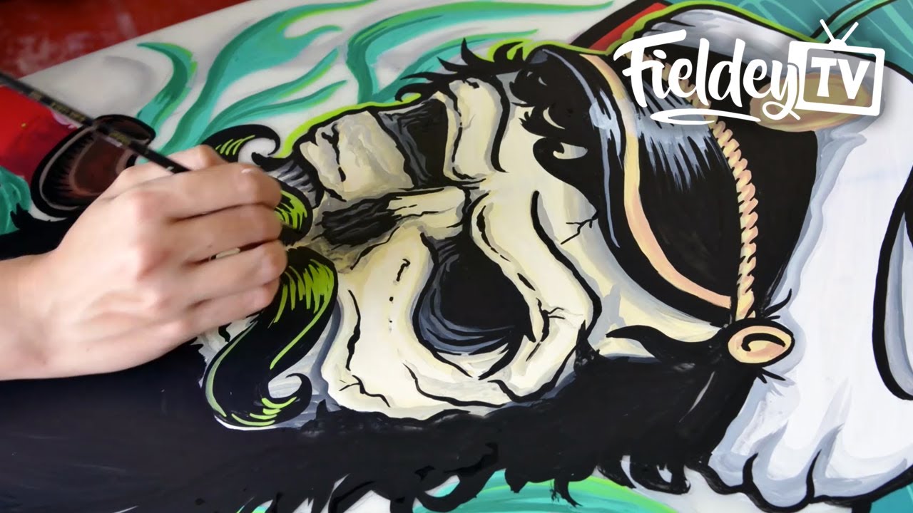Tattoo-style skull surfboard art speed painting