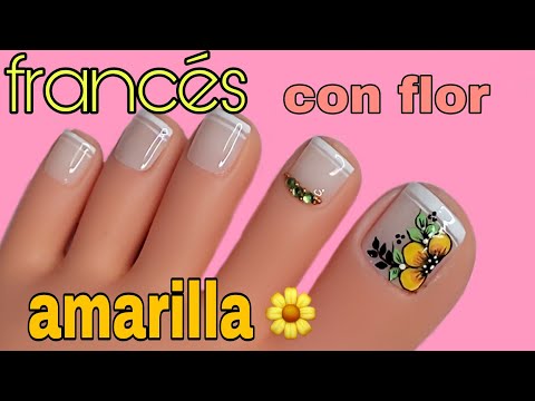 decorado de uñas /francés con flor amarilla/French yellow Flower.