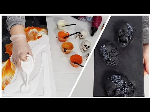 ORANGE And BLACK Acrylic Pour Painting and Mixed Media Tutorials