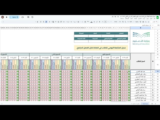 سجل المتابعة اليومي للطلاب حسب تقويم الفصل الدراسي...