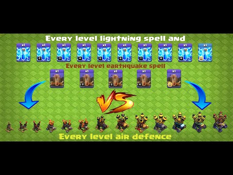 Every Level Lightning Spell And Earthquake Spell VS Every Level Air Defence !! CLASH OF CLANS.