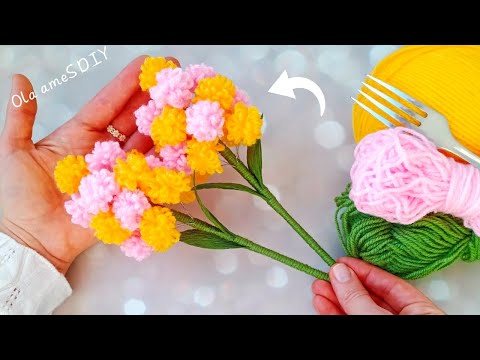 It's so Beautiful 💛🧶 Superb Yarn Flower Craft Idea with Fork - You will Love It - DIY Woolen Flowers