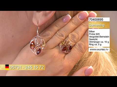 Кольцо и серьги из позолоченного серебра 925 пробы с янтарём трех расцветок и фианитами