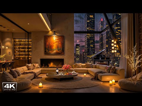 Luxury City Nights Jazz 🎶 Sophisticated Apartment Ambience with Rain Sounds for Rest and Calm