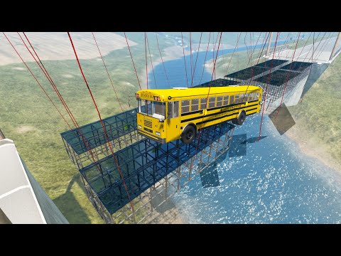 Cars vs Swinging Glass Bridge - Ambulance, Super Car Driving on Glass Bridge Hanging Over Deep River