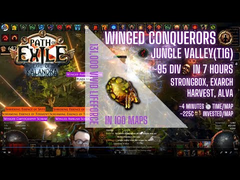 [PoE 3.19] 100 MAPS Winged, Conqueror & Harvest on Jungle Valley(T16) - Prep & Results (8-13div/h)