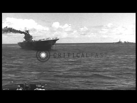USS Northampton tows the USS Hornet underway in the Pacific Ocean during Battle o...HD Stock Footage