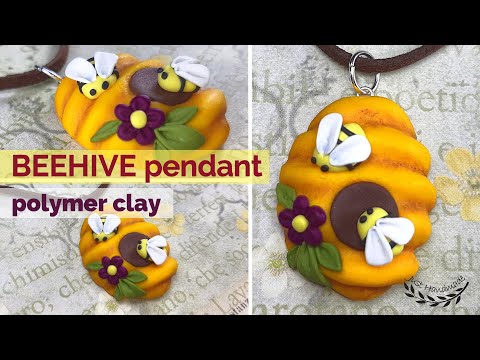 ~JustHandmade~ How to make a polymer clay (fimo) beehive with bees pendant - tutorial