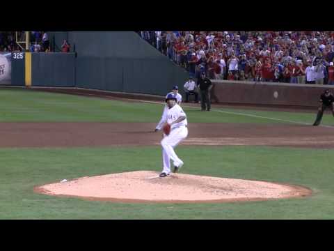 Neftali Feliz throws pitches to the last batter in the ALCS game 6