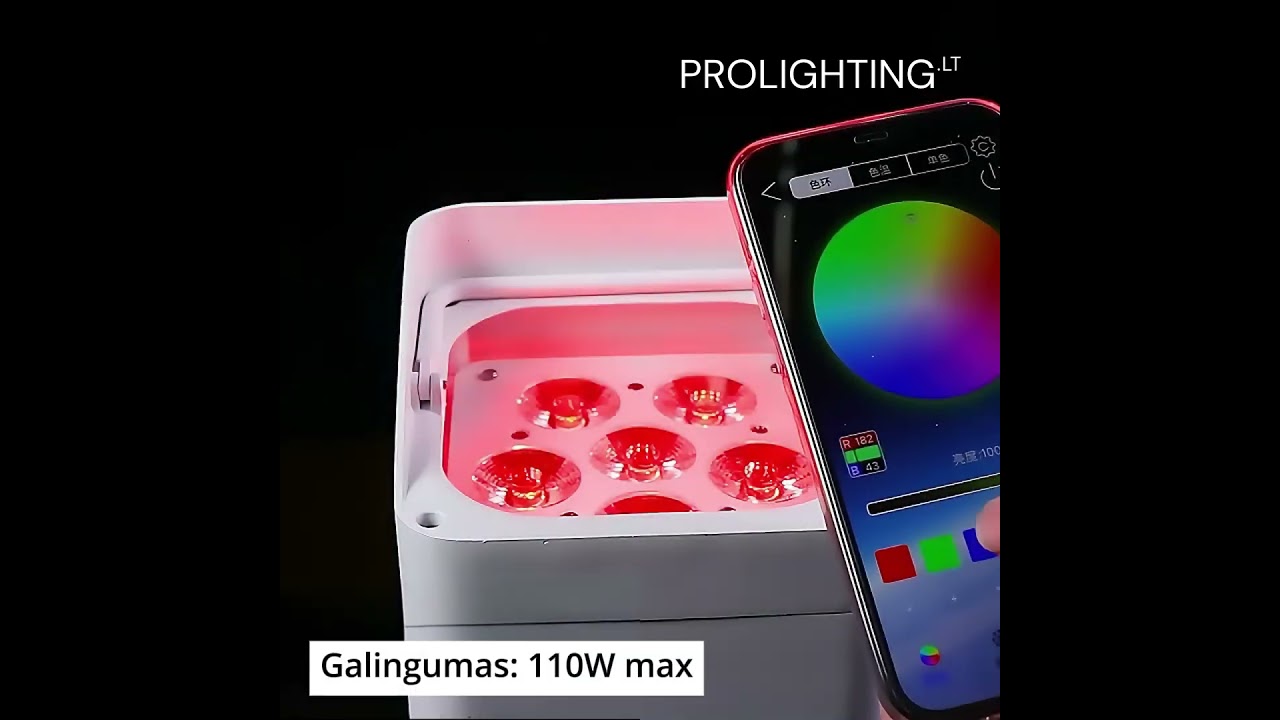 PROLIGHTING LED Par 6X18 RGBW UV 6in1 DMX belaidis, su galingu akumuliatoriumi PROLIGHTING LED Par 6X18 RGBW UV 6in1 DMX belaidis, su galingu akumuliatoriumi