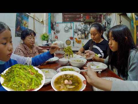 Green Mustard Pork Tail Soup And Fried Morning Glories - Yummy And Healthy Family Lunch