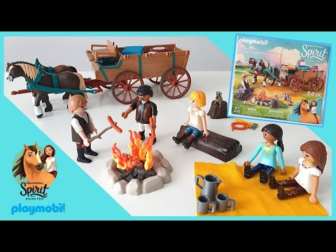 Camping With Lucky, Pru and Abigail  Unboxing Playmobil Spirit Riding Free Lucky’s Dad And Wagon Set