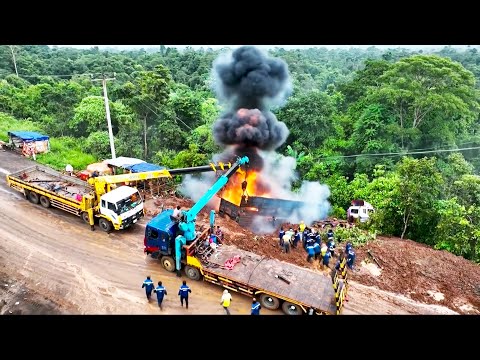 OMG!! TRUCK Gone Wrong Fail Of Mountain Road Dump Truck Accident Skills Recovery By 2 Crane Truck