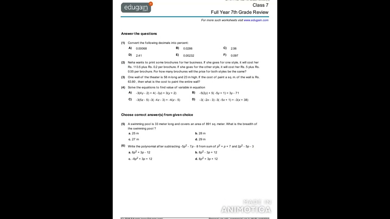 Maths worksheet of class 7th