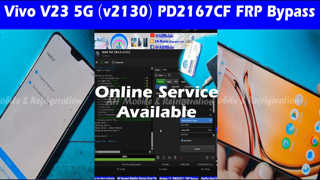 Vivo V23 5G (v2130) PD2167CF FRP Bypass Android 14 Hydra Unlock Tool (Online Service Available)