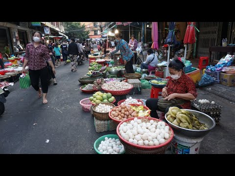Evening Street Market Scene in Town - Many Different Various Foods Type in Vegetable Market @Orussey