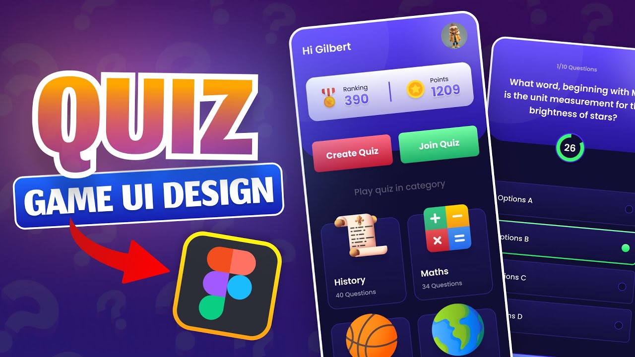 Build Quiz Game App UI with Figma | Trivia |Figma Speed Art | @pixel.bucket