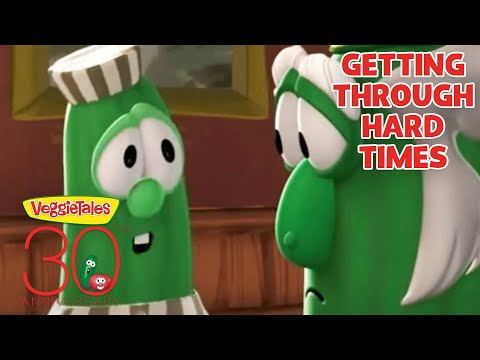 Two green VeggieTales characters converse in a kitchen scene, with 30th anniversary and 'Getting Through Hard Times' text visible.