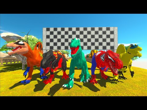 2 T-rex vs 3 Spinosaurus Superheroes Marvel Dc Speed Race Champions - Animal Revolt Battle Simulator