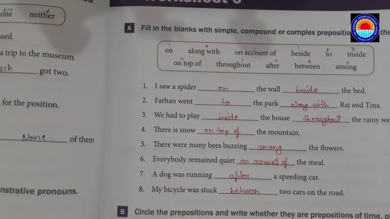 CLASS-7 GRAMMAR PREPOSITIONS WORKSHEET