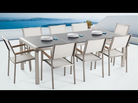 8 Seater Garden Dining Set Triple Grey Granite Top White Chairs Grosseto - Grey