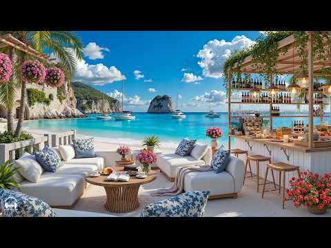 Outdoor Seaside Coffee Shop Ambience with Elegant Bossa Nova Jazz Music & Gentle Waves for Relax