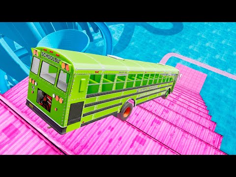 BeamNG Drive USA School Bus Crash – Stairs Jumps Down With Extreme Damage Physics