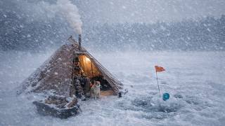 Fishing in a blizzard: winter camping on a lake in a heated tent