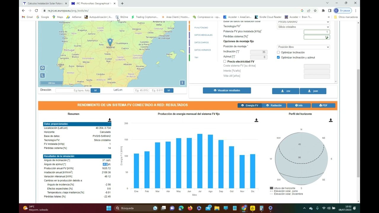 Angulo Optimo y Azimut con PVGIs Muy Facil
