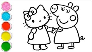 Peppa Pig With Hello Kitty Drawing Painting and Coloring For Kids |