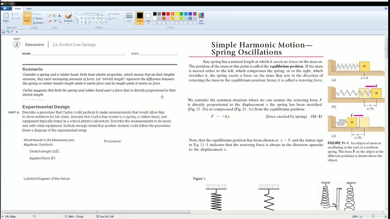 AP Physics Workbook 2.L Hooke's Law Spring