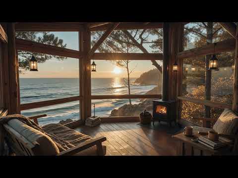 Coastal Cabin Sunset 🌊🔥 | Peaceful Ocean Waves and Fireplace Ambience for Relaxation