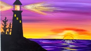 Sunrise Lighthouse Step by Step Acrylic Painting on Canvas for Beginners