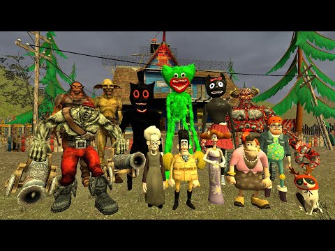 HUGGY WUGGY AND CARTOON CAT VS HORROR MONSTERS IN HELLO NEIGHBOR 2 in Garry's mod!