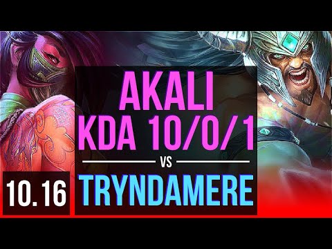 AKALI vs TRYNDAMERE (TOP) | 3 early solo kills, KDA 10/0/1, Legendary | EUW Grandmaster | v10.16