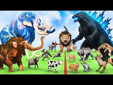 5 Giant Mammoth Elephant Cow Vs Giant Godzilla Shin Vs 5 Giant Tiger Lion Cub Saved By Wolly Mammoth