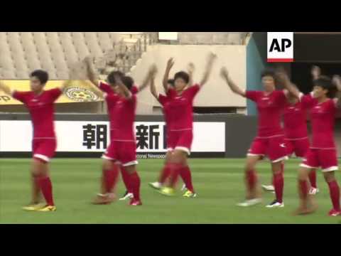 North Korean women's football team give news briefing after training