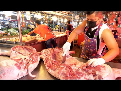 , title : '29년 경력! 종이 썰듯 썰려 나가는 돼지 발골의 달인! / Pig cutting skills | Thailand street food'