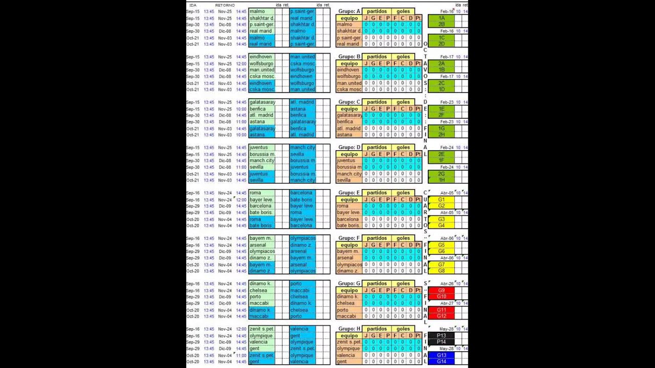 Fixture en Excel Liga de Campeones 2015-2016
