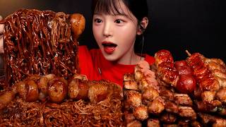 SUB)바삭촉촉 대창에 불닭게티 먹방! 닭꼬치까지 쌓아먹기 실비김치 짜파게티 불닭볶음면 꿀조합 Daechang & Buldak Jjajang ramyeon Mukbang Asmr