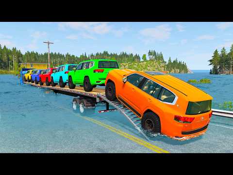 Triple Flatbed Trailer McQueen Transportation with Truck - Speedbumps vs Cars vs Train - BeamNG #12