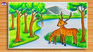 How to draw a deer  scenery of forest  How to draw