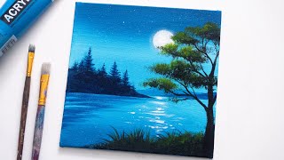 Moonlight Scenery | Easy Painting Step by Step for Beginners | Acrylic Painting