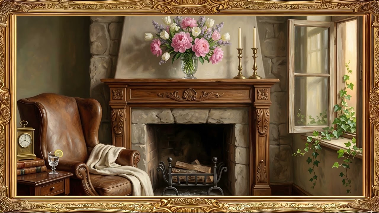 Spring Fireplace Morning - Peony Cottage - 4K Art — 4K ambient art screensaver in baroque gold frame