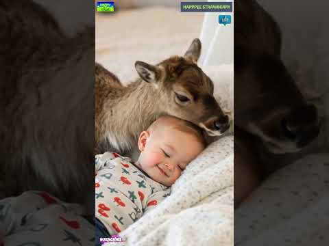 Human animal bond a cute reindeer kisses a cute baby in a zoo | Happee Strawberry | 08
