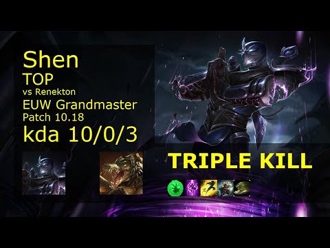 Shen Top vs Renekton - EUW Grandmaster 10/0/3 Patch 10.18 Gameplay