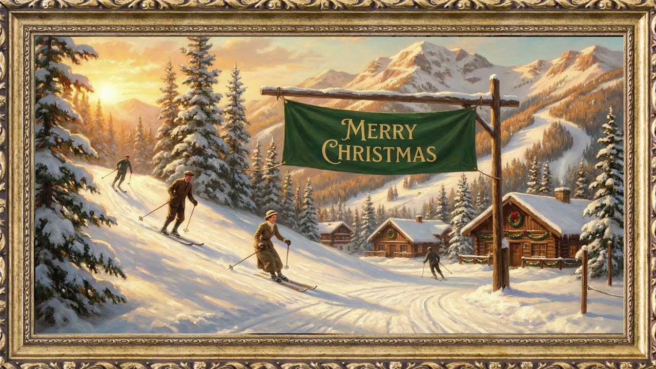 Merry Christmas Vintage Skiing Gold Frame TV Art Screensaver | 2 Hours 4K — 4K ambient art screensaver in baroque gold frame