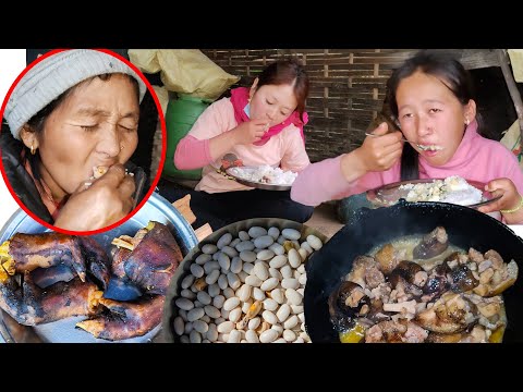 Pork Leg and Beans mix Curry Recipe with rice at  Village Kitchen || Cooking & Eating Nepali food